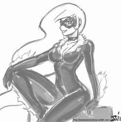 Size: 800x800 | Tagged: safe, artist:johnjoseco, character:princess celestia, species:human, black cat, breasts, cleavage, cosplay, curvy, female, grayscale, humanized, looking at you, marvel, monochrome, smiling, solo
