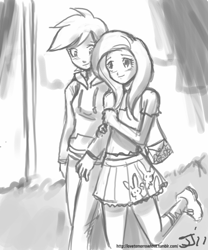 Size: 667x800 | Tagged: safe, artist:johnjoseco, character:fluttershy, character:rainbow dash, species:human, ship:flutterdash, clothing, female, grayscale, humanized, lesbian, monochrome, shipping, shirt, skirt, sweater