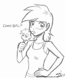 Size: 667x800 | Tagged: safe, artist:johnjoseco, character:rainbow dash, species:human, armpits, clothing, female, food, grayscale, humanized, ice cream, monochrome, solo, tank top