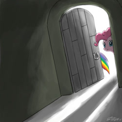 Size: 900x900 | Tagged: safe, artist:johnjoseco, character:pinkie pie, character:rainbow dash, species:earth pony, species:pegasus, species:pony, g4, door, female, mare, peeking, photoshop