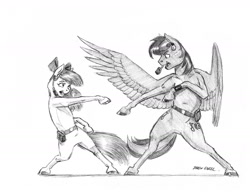 Size: 1429x1110 | Tagged: safe, artist:baron engel, character:apple bloom, oc, species:pegasus, species:pony, black gryph0n, bow, cute, duo, hair bow, headset, looking at each other, male, monochrome, pencil drawing, simple background, singing, sketch, stallion, traditional art