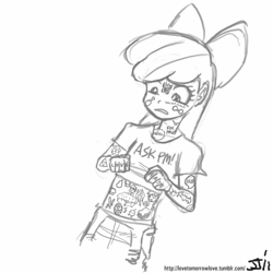 Size: 800x800 | Tagged: safe, artist:johnjoseco, character:apple bloom, species:human, cutie mark, cutie mark on human, cutie pox, grayscale, humanized, monochrome