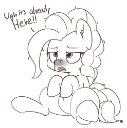 Size: 1280x1296 | Tagged: safe, artist:pabbley, character:pinkie pie, species:pony, belly button, dialogue, female, grayscale, hay fever, lidded eyes, monochrome, red nosed, runny nose, simple background, sitting, solo, white background