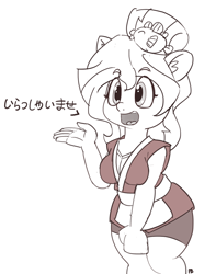 Size: 1280x1626 | Tagged: safe, artist:pabbley, character:sunset shimmer, my little pony:equestria girls, apron, breasts, busty sunset shimmer, clothing, compression shorts, curves, dialogue, female, hairpin, happi, japanese, monochrome, open mouth, ponied up, simple background, smiling, solo, standing, sunset sushi, toy interpretation, white background