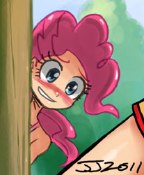 Size: 300x362 | Tagged: safe, artist:johnjoseco, character:pinkie pie, species:human, g4, blushing, female, humanized, peeking, photoshop, solo