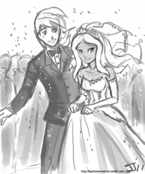 Size: 667x800 | Tagged: source needed, safe, artist:johnjoseco, character:big mcintosh, character:zecora, species:human, ship:macora, alternate hairstyle, clothing, dress, female, grayscale, humanized, male, monochrome, shipping, simple background, straight, wedding, wedding dress, wedding veil, white background