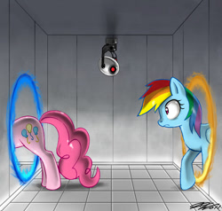 Size: 960x912 | Tagged: safe, artist:johnjoseco, character:pinkie pie, character:rainbow dash, species:earth pony, species:pegasus, species:pony, g4, crossover, female, mare, photoshop, portal, portal (valve)