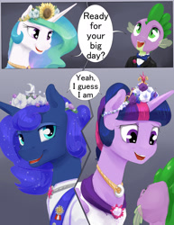 Size: 1280x1656 | Tagged: safe, artist:silfoe, character:princess celestia, character:princess luna, character:spike, character:twilight sparkle, character:twilight sparkle (alicorn), species:alicorn, species:dragon, species:pony, royal sketchbook, ship:twiluna, clothing, comic, dialogue, dress, female, lesbian, nervous, open mouth, royal sisters, shipping, smiling, sweat, wedding dress