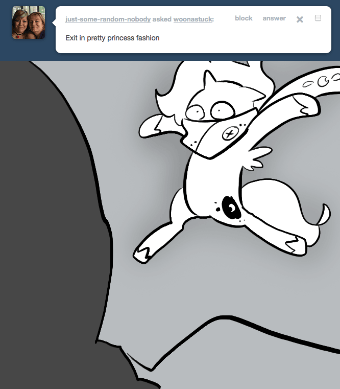 Size: 666x761 | Tagged: safe, artist:egophiliac, character:princess luna, moonstuck, animated, ask, blast-proof exoskeleton, cartographer's muffler, falling, female, filly, gif, grayscale, leg twitch, majestic as fuck, monochrome, solo, tumblr, tumblr comic, woona, woonoggles, younger