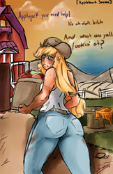 Size: 648x1000 | Tagged: safe, artist:sundown, character:applejack, species:human, episode:applebuck season, g4, my little pony: friendship is magic, annoyed, applebucking thighs, bags under eyes, barn, clothing, dirty, female, humanized, jeans, looking at you, pants, rear view, solo, tank top, tired