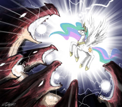 Size: 1200x1050 | Tagged: safe, artist:johnjoseco, character:princess celestia, species:alicorn, species:dragon, species:pony, badass, female, flying, glowing eyes, hydra, mare, multiple heads, photoshop