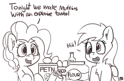 Size: 1280x832 | Tagged: safe, artist:pabbley, character:derpy hooves, character:pinkie pie, species:pony, baking, dialogue, explosives, imminent darwin award, monochrome, simple background, this will end in death, this will end in explosions, this will end in fire, this will end in tears and/or death, too dumb to live, white background, xk-class end-of-the-kitchen scenario