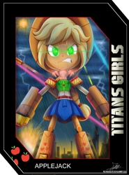 Size: 2025x2737 | Tagged: safe, artist:the-butch-x, part of a set, character:applejack, my little pony:equestria girls, angry, appleborg, applebot, card, city, clothing, cowboy hat, female, giantess, green eyes, hat, macro, mecha, metal, rain, robot, signature, solo, stetson, titans girls, transformers