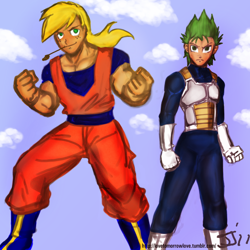 Size: 800x800 | Tagged: source needed, safe, artist:cabrony, artist:johnjoseco, edit, character:big mcintosh, character:spike, species:human, color edit, colored, dragon ball z, goku, humanized, male, straw, vegeta