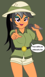 Size: 1321x2253 | Tagged: safe, artist:sumin6301, character:daring do, my little pony:equestria girls, chestnut magnifico, clothing, dialogue, eyeshadow, female, hat, lidded eyes, looking at you, makeup, microphone, pointing, shorts, simple background, smiling, solo, speech bubble