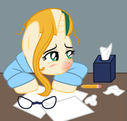 Size: 997x950 | Tagged: safe, artist:cloudyglow, oc, oc only, oc:cloudy glow, species:pony, species:unicorn, clothing, female, glasses, mare, napkin, paper, pencil, robe, sick, solo, tissue, tissue box