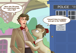 Size: 1000x697 | Tagged: safe, artist:egophiliac, character:doctor whooves, character:time turner, species:earth pony, species:pony, crossover, doctor who, eleventh doctor, human ponidox, humanized, ponidox, tardis, the doctor, time lord, timelord ponidox