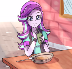 Size: 2952x2834 | Tagged: safe, artist:sumin6301, character:starlight glimmer, my little pony:equestria girls, beanie, bracelet, clothing, colored pupils, cup, cute, female, fork, hat, looking at you, new style, plate, solo, straw