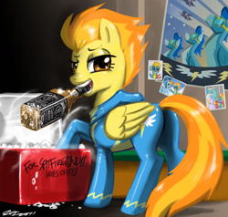 Size: 1200x1142 | Tagged: safe, artist:johnjoseco, character:spitfire, species:pegasus, species:pony, g4, alcohol, cooler, drunk, female, ice, jack daniel's, mare, mouth hold, photoshop, plot, poster, whiskey, wonderbolts, wonderbolts poster