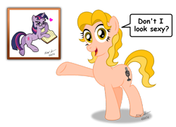 Size: 1024x738 | Tagged: safe, artist:aleximusprime, character:twilight sparkle, species:earth pony, species:pony, species:unicorn, book, comic sans, duo, female, glasses, heart, mare, pointing, ponified, prone, simple background, tara strong, text, transparent background