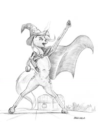 Size: 1024x1281 | Tagged: safe, artist:baron engel, character:trixie, species:pony, bipedal, both cutie marks, cape, chest, clothing, female, grayscale, hat, magic, monochrome, open mouth, pencil drawing, rearing, solo, traditional art, trixie's cape, trixie's hat