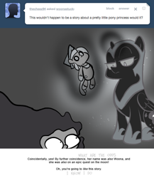 Size: 666x768 | Tagged: safe, artist:egophiliac, character:nightmare moon, character:princess luna, character:smooze, moonstuck, ask, bondage, cartographer's cap, clothing, dark woona, doll, encasement, filly, grayscale, hat, magic, monochrome, nightmare woon, plushie, sitting, slime monster, toy, tumblr, woona, woonoggles, younger
