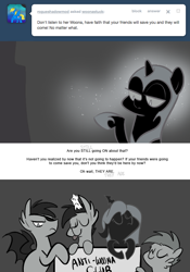 Size: 666x950 | Tagged: safe, artist:egophiliac, character:nightmare moon, character:princess luna, oc, oc:danger mcsteele, oc:frolicsome meadowlark, oc:imogen, oc:pebbl, oc:sunshine smiles (egophiliac), species:bat pony, species:changeling, species:pony, species:sea pony, moonstuck, ask, changeling queen, changeling queen oc, dark woona, female, filly, grayscale, monochrome, moon roc, nightmare woon, sign, tongue out, tumblr, woona, younger