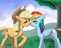Size: 1200x947 | Tagged: safe, artist:johnjoseco, character:applejack, character:rainbow dash, species:earth pony, species:pegasus, species:pony, ship:appledash, g4, applejack's hat, blushing, clothing, cowboy hat, female, hat, kissing, lesbian, love, mare, photoshop, shipping