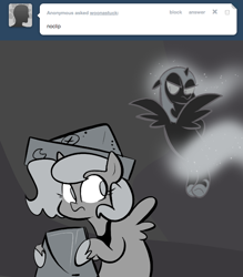 Size: 666x761 | Tagged: safe, artist:egophiliac, character:nightmare moon, character:princess luna, moonstuck, ask, bucket, cartographer's cap, clothing, dark woona, filly, grayscale, hat, monochrome, nightmare woon, tumblr, woona, younger