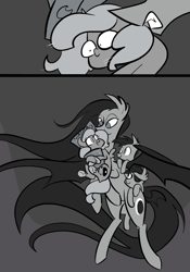 Size: 666x950 | Tagged: safe, artist:egophiliac, character:princess luna, oc, oc:echo (egophiliac), oc:frolicsome meadowlark, oc:sunshine smiles (egophiliac), species:bat pony, species:pony, moonstuck, ask, bucket, cartographer's cap, clothing, filly, flying, grayscale, hat, monochrome, mouth hold, tumblr, woona, woonoggles, younger