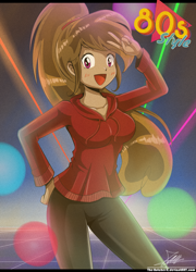 Size: 1420x1969 | Tagged: safe, artist:the-butch-x, oc, oc only, oc:cupcake slash, my little pony:equestria girls, 80s, blushing, breasts, clothing, equestria girls-ified, female, gift art, hand on hip, hoodie, looking at you, open mouth, pants, peace sign, signature, smiling, solo, sweater
