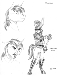 Size: 1100x1444 | Tagged: safe, artist:baron engel, character:shining armor, species:anthro, species:unguligrade anthro, clothing, dress uniform, floppy ears, male, monochrome, open mouth, pencil drawing, simple background, sketch, smiling, solo, sword, traditional art, uniform, weapon, white background