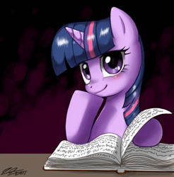 Size: 900x913 | Tagged: safe, artist:johnjoseco, character:twilight sparkle, character:twilight sparkle (unicorn), species:pony, species:unicorn, g4, blushing, book, female, mare, photoshop, smiling, solo, twaifu