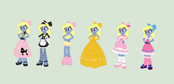 Size: 1808x872 | Tagged: safe, artist:obeliskgirljohanny, artist:selenaede, base used, oc, oc only, oc:azure/sapphire, my little pony:equestria girls, beauty and the beast, belle, belly button, cheerleader, cheerleader outfit, clothing, cosplay, costume, crossdressing, dress, fishnets, french maid, frilly dress, leg warmers, lolita fashion, maid, midriff, poodle skirt, sports bra