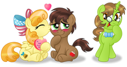 Size: 1024x540 | Tagged: safe, artist:aleximusprime, oc, oc only, oc:benny, oc:freedom belle, oc:rocky, blushing, convention mascots, cutie mark, fillycon, fillycon mascots, kissing, love, simple background, text, transparent background, valentine's day, vector