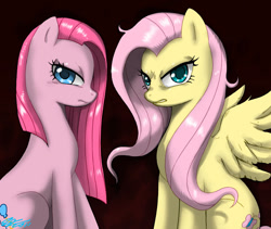 Size: 1200x1013 | Tagged: safe, artist:johnjoseco, character:fluttershy, character:pinkamena diane pie, character:pinkie pie, species:earth pony, species:pegasus, species:pony, g4, angry, duo, duo female, female, mare, photoshop, sitting, upset