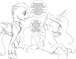Size: 1280x989 | Tagged: safe, artist:silfoe, character:princess celestia, species:alicorn, species:pegasus, species:pony, royal sketchbook, black and white, crossed hooves, dialogue, eyes closed, female, floppy ears, grayscale, guardlestia, levitation, magic, male, monochrome, open mouth, prone, royal guard, shipping, simple background, sketch, smiling, speech bubble, straight, telekinesis, trans male, transgender, white background