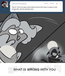Size: 666x785 | Tagged: safe, artist:egophiliac, character:nightmare moon, character:princess luna, moonstuck, ask, cartographer's cap, clothing, dark woona, filly, grayscale, hat, lunar stone, monochrome, nightmare woon, throwing, tumblr, woona, woonoggles, younger