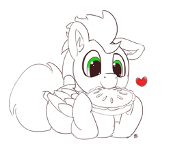 Size: 1280x1095 | Tagged: safe, artist:pabbley, character:soarin', species:pegasus, species:pony, cute, eating, floppy ears, food, heart, male, partial color, pie, simple background, solo, that pony sure does love pies, white background