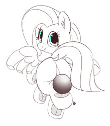 Size: 1280x1459 | Tagged: safe, artist:pabbley, character:fluttershy, species:pony, buckball, cute, dock, featureless crotch, female, flutterbutt, head turn, looking at you, looking back, monochrome, partial color, plot, shyabetes, simple background, solo, spread wings, underhoof, white background, wings
