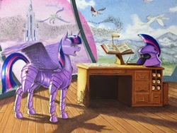 Size: 1400x1050 | Tagged: safe, artist:baron engel, character:twilight sparkle, character:twilight sparkle (alicorn), species:alicorn, species:griffon, species:pony, armor, book, crystal empire, desk, female, flying, helmet, open mouth, pencil drawing, shadow, traditional art, window, wip