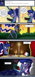 Size: 600x1330 | Tagged: safe, artist:johnjoseco, character:princess luna, species:alicorn, species:pony, gamer luna, apple, ask gaming princess luna, bed, blushing, candle, comic, dialogue, female, food, heart, nintendo switch, solo, speech bubble, the legend of zelda, the legend of zelda: breath of the wild, waifu date, waifu dinner