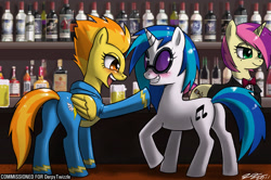Size: 1200x799 | Tagged: safe, artist:johnjoseco, character:dj pon-3, character:spitfire, character:vinyl scratch, oc, species:pegasus, species:pony, species:unicorn, g4, bar, bartender, blushing, drunk, female, lesbian, mare, photoshop, rarepair, shipping, vinylfire