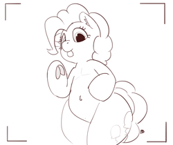 Size: 1280x1075 | Tagged: safe, artist:pabbley, character:pinkie pie, species:earth pony, species:pony, 30 minute art challenge, belly button, camera, camera shot, female, frog (hoof), hoofbutt, lineart, low angle, monochrome, offscreen character, plump, pov, simple background, solo, tongue out, underhoof, white background