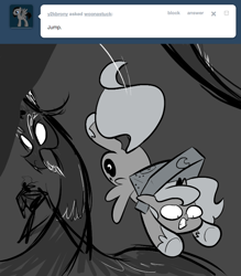 Size: 666x761 | Tagged: safe, artist:egophiliac, character:discord, character:princess luna, moonstuck, ask, cartographer's cap, clothing, filly, grayscale, hat, monochrome, tumblr, woona, woonoggles, younger