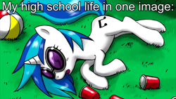Size: 1600x900 | Tagged: safe, artist:johnjoseco, character:dj pon-3, character:vinyl scratch, species:pony, species:unicorn, ball, beach ball, caption, cup, drunk, female, grass, katy perry, last friday night, lying down, mare, on side, open mouth, passed out, plastic cup, red solo cup, sleeping, solo, song reference, sunglasses