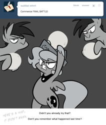 Size: 666x785 | Tagged: safe, artist:egophiliac, character:princess luna, oc, oc:frolicsome meadowlark, oc:sunshine smiles (egophiliac), species:bat pony, species:pony, moonstuck, ask, bipedal, cartographer's cap, clothing, filly, grayscale, hat, lunar stone, monochrome, tumblr, woona, younger