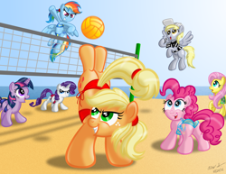 Size: 1600x1236 | Tagged: safe, artist:aleximusprime, character:applejack, character:derpy hooves, character:fluttershy, character:pinkie pie, character:rainbow dash, character:rarity, character:twilight sparkle, species:pegasus, species:pony, beach, bikini, clothing, female, mare, plot, swimsuit, volleyball