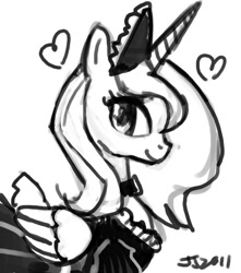 Size: 600x678 | Tagged: safe, artist:johnjoseco, character:princess luna, species:alicorn, species:pony, clothing, female, grayscale, heart, maid, mare, monochrome, photoshop, profile, s1 luna, simple background, solo, white background
