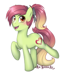 Size: 2146x2503 | Tagged: safe, artist:askbubblelee, oc, oc only, oc:artline, species:earth pony, species:pony, blushing, bow, cute, female, gradient hair, hair bow, mare, ocbetes, open mouth, raised hoof, raised leg, signature, simple background, smiling, solo, transparent background
